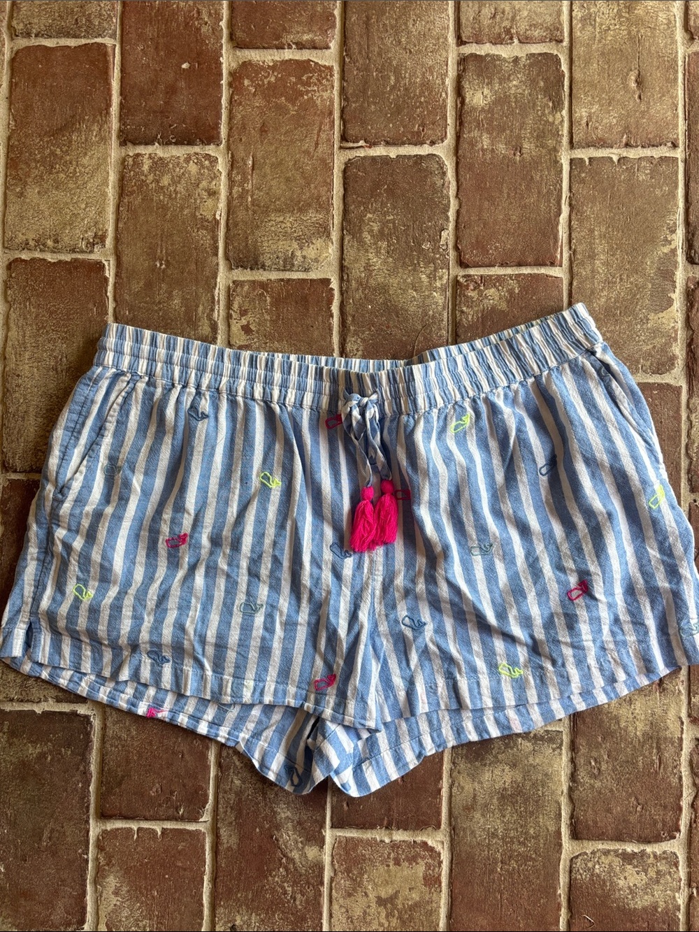 Vineyard Vines Blue & White Striped Drawstring Shorts with Pink Tassel